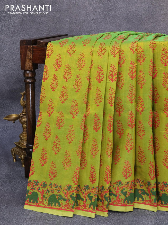 Silk cotton block printed saree light green with allover butta prints and printed border