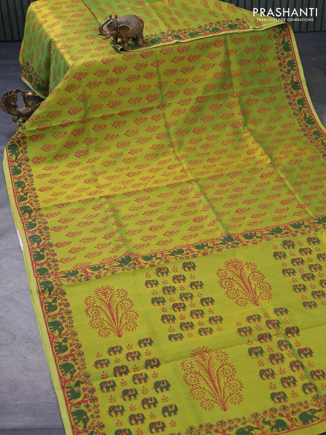 Silk cotton block printed saree light green with allover butta prints and printed border