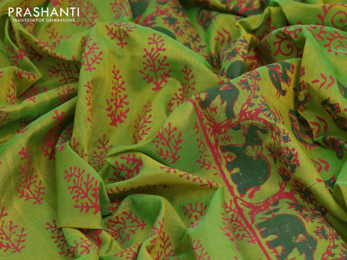 Silk cotton block printed saree light green with allover butta prints and printed border