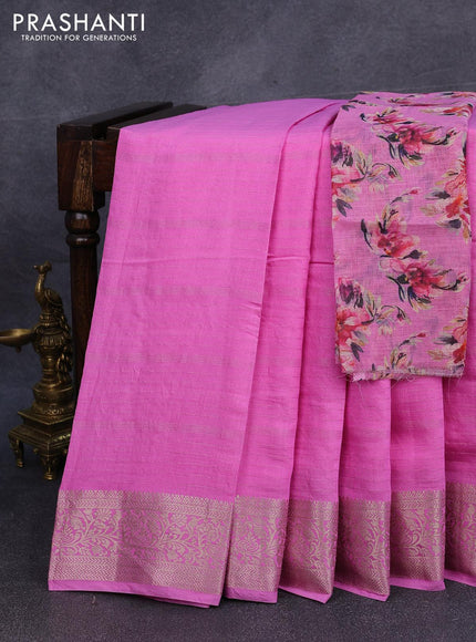 Semi chanderi saree light pink with allover zari weaves and zari woven border - printed blouse