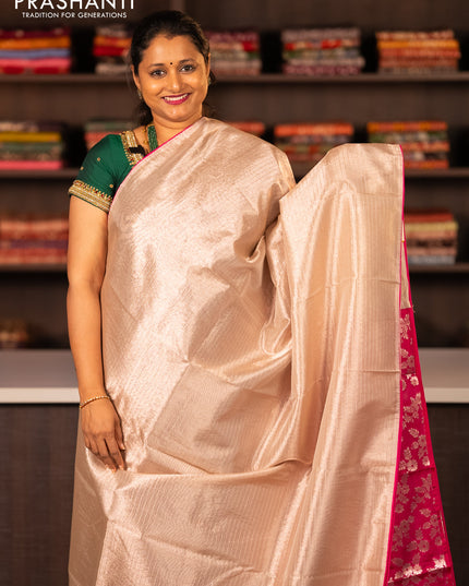 Tissue saree cream and magenta pink with allover zari stripe pattern and piping border & banarasi blouse