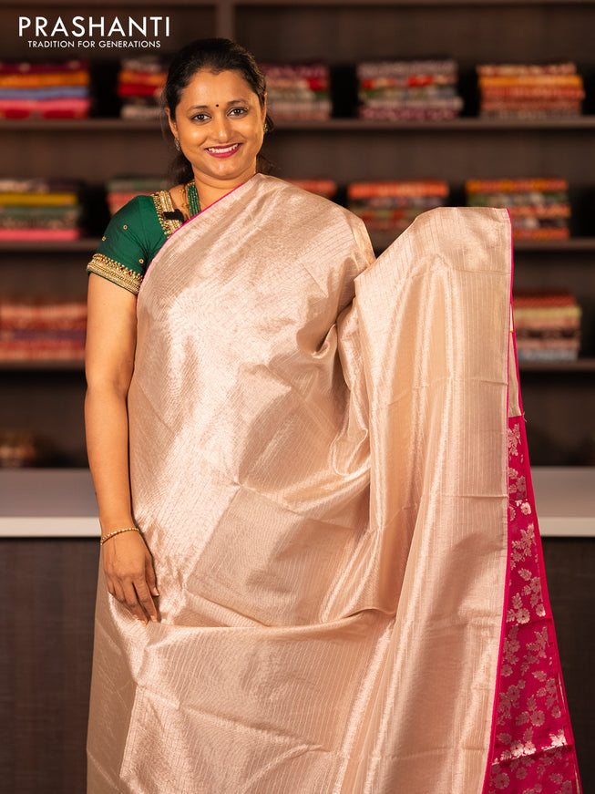Tissue saree cream and magenta pink with allover zari stripe pattern and piping border & banarasi blouse