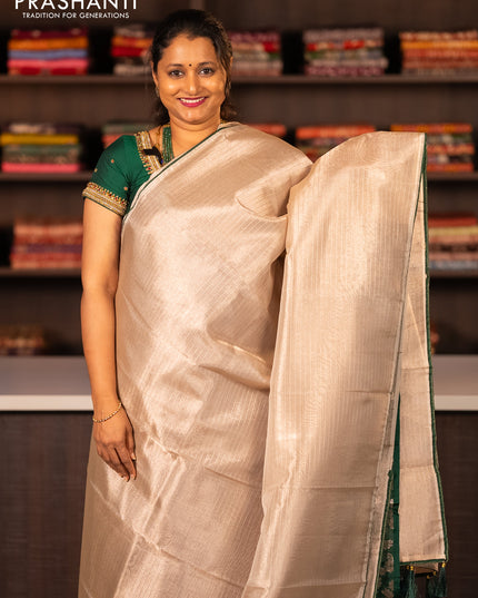 Tissue saree cream and green with allover zari stripe pattern and piping border & banarasi blouse