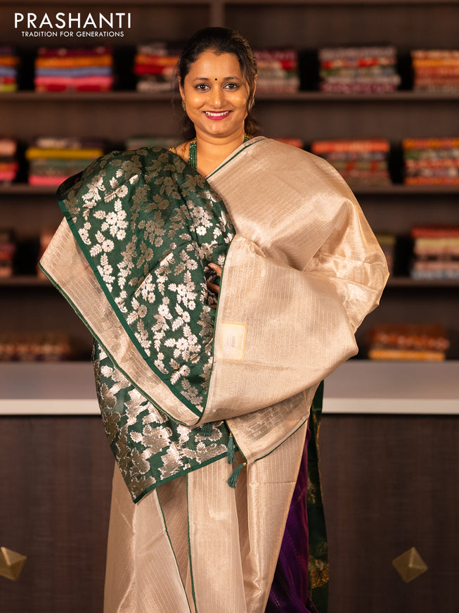 Tissue saree cream and green with allover zari stripe pattern and piping border & banarasi blouse