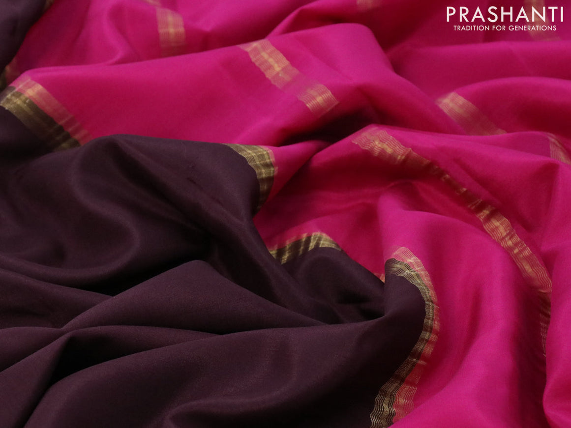 Mysore silk saree brown and pink with plain body and zari woven border plain body