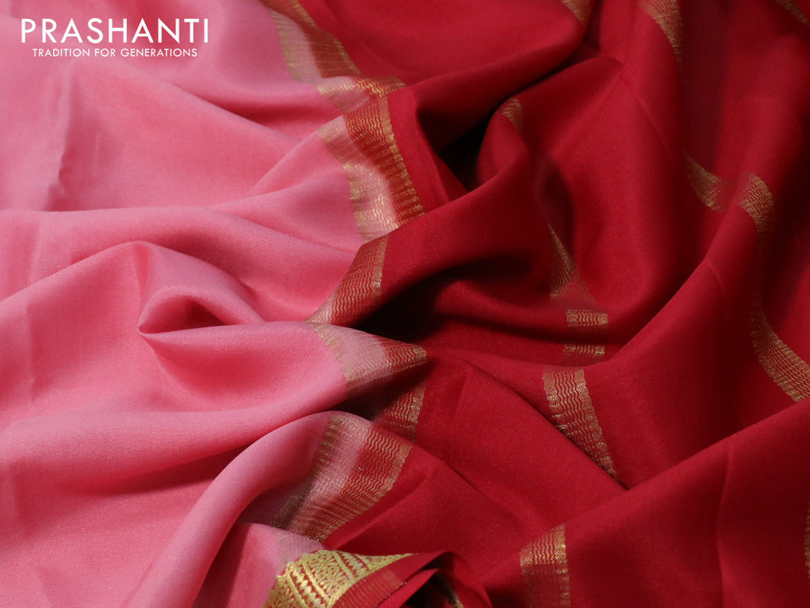 Mysore silk saree peach pink and maroon with plain body and zari woven border plain body