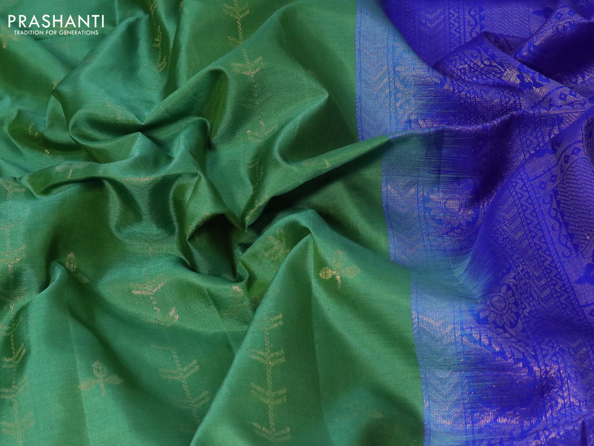 Pure soft silk saree green shade and royal blue with allover silver zari woven butta weaves in borderless style - borderless style