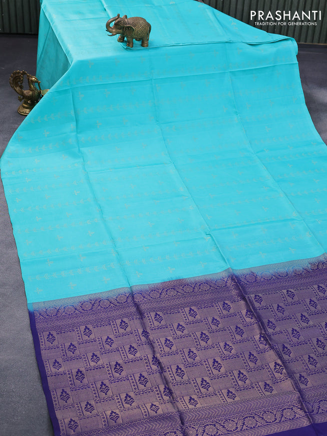 Pure soft silk saree teal blue and blue with allover silver zari woven butta weaves in borderless style - borderless style