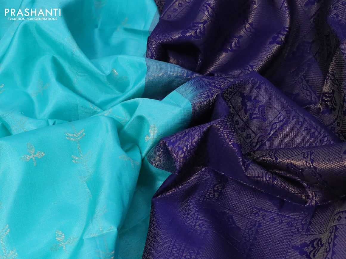 Pure soft silk saree teal blue and blue with allover silver zari woven butta weaves in borderless style - borderless style