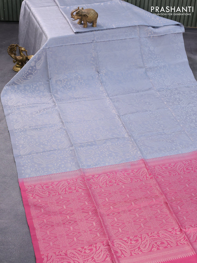 Pure soft silk saree grey and pink shade with allover silver zari woven brocade weaves in borderless style - borderless style