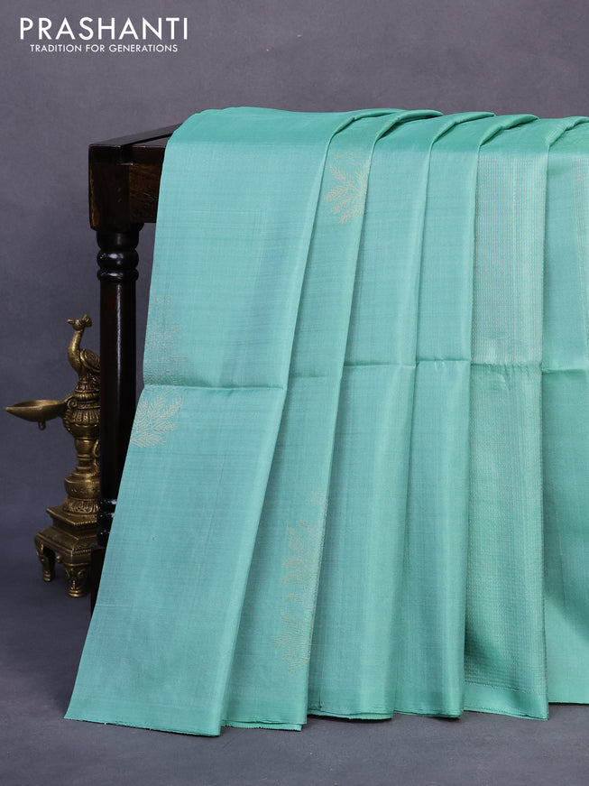 Pure soft silk saree teal blue shade and lavender with allover zari weaves in borderless style - borderless style
