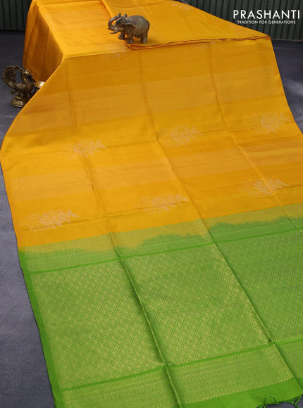 Pure soft silk saree mustard yellow and green with allover zari weaves in borderless style - borderless style