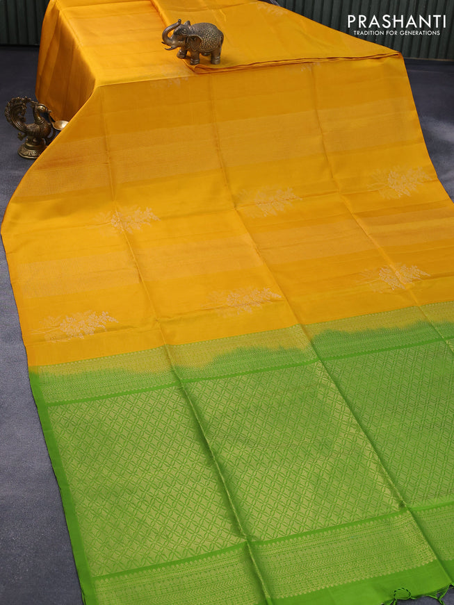 Pure soft silk saree mustard yellow and green with allover zari weaves in borderless style - borderless style