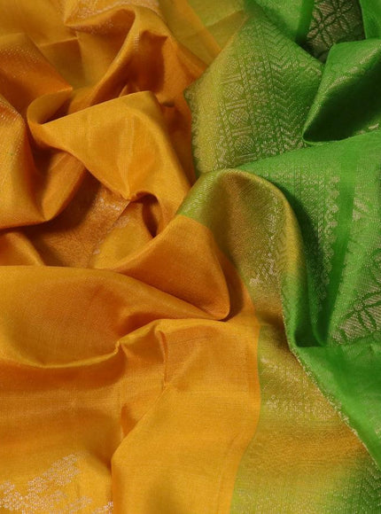 Pure soft silk saree mustard yellow and green with allover zari weaves in borderless style - borderless style