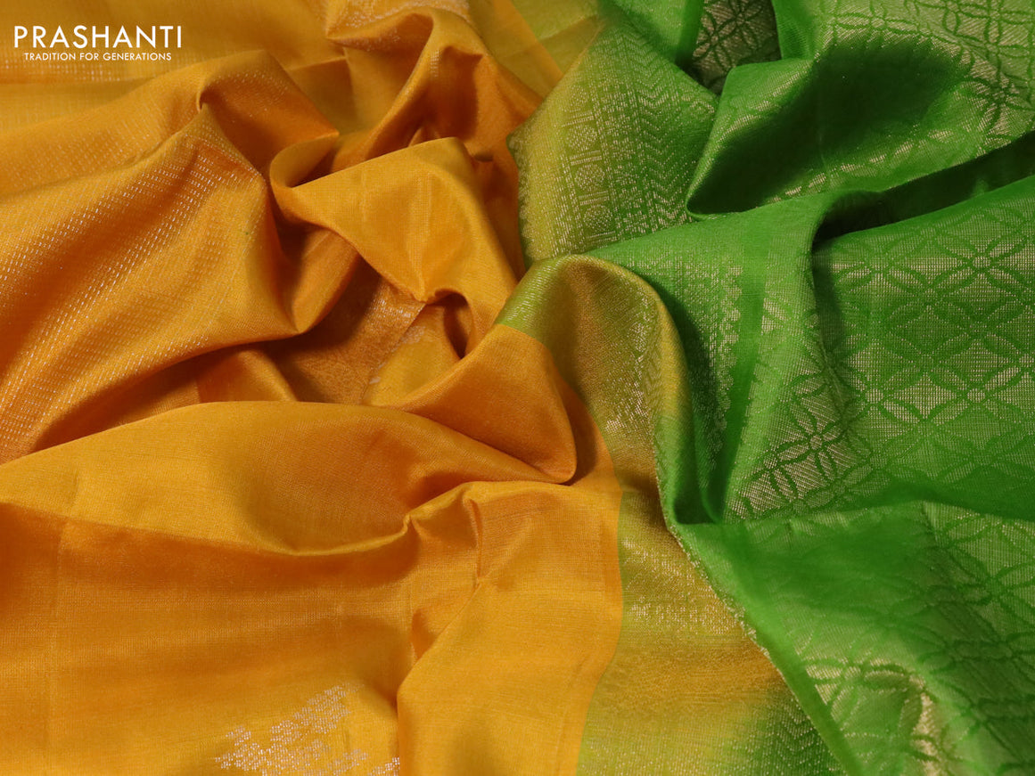 Pure soft silk saree mustard yellow and green with allover zari weaves in borderless style - borderless style