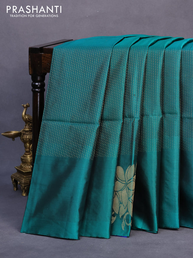Pure soft silk saree green and royal blue with allover zari weaves and zari woven butta border - allover weaves