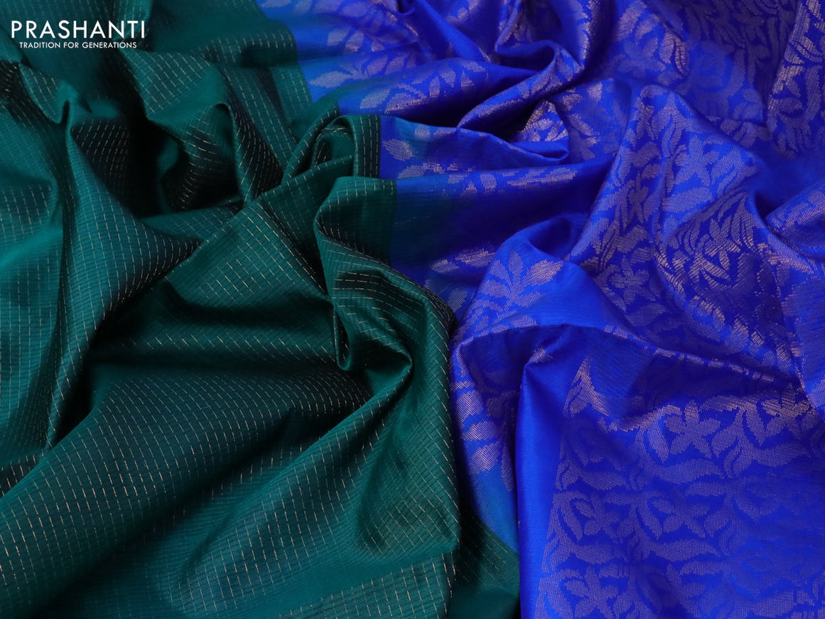 Pure soft silk saree green and royal blue with allover zari weaves and zari woven butta border - allover weaves
