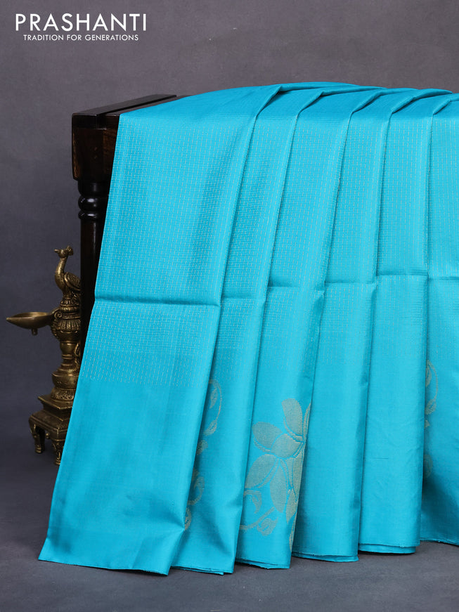 Pure soft silk saree teal blue and royal blue with allover zari weaves and zari woven butta border - allover weaves