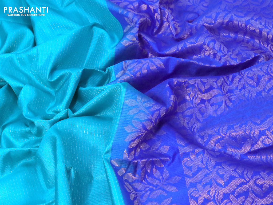 Pure soft silk saree teal blue and royal blue with allover zari weaves and zari woven butta border - allover weaves