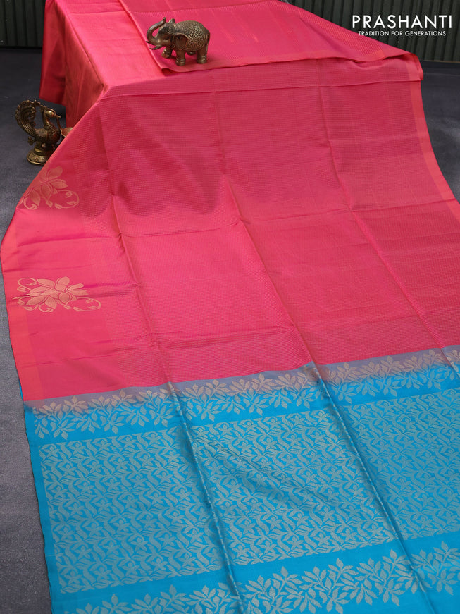 Pure soft silk saree pink and teal blue with allover zari weaves and zari woven butta border - allover weaves