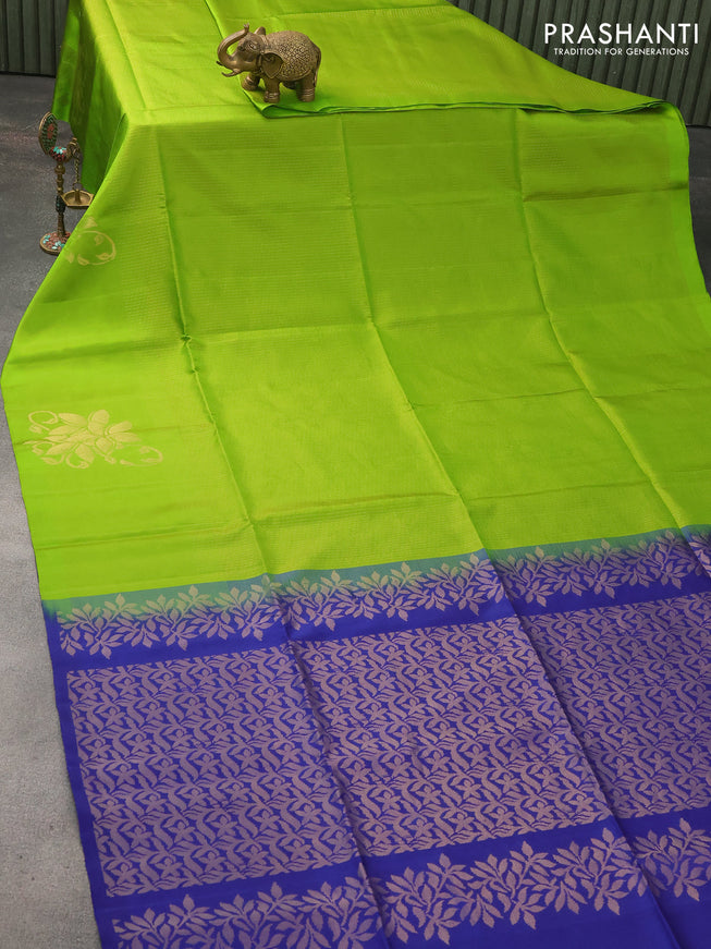 Pure soft silk saree light green and blue with allover zari weaves and zari woven butta border - allover weaves