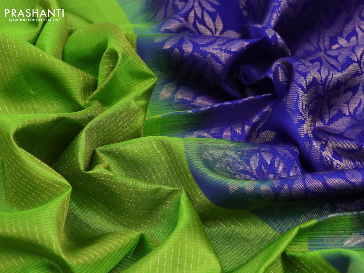 Pure soft silk saree light green and blue with allover zari weaves and zari woven butta border - allover weaves