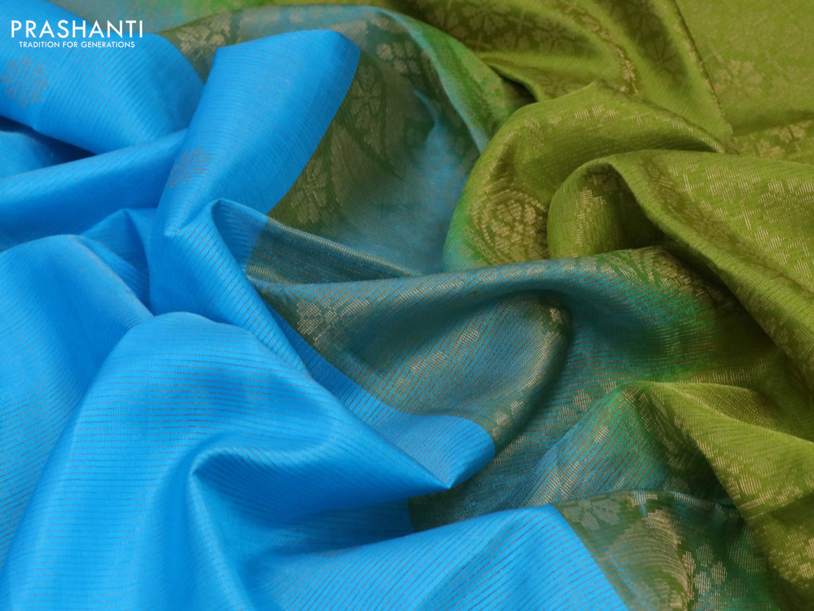 Pure soft silk saree light blue and lime green with allover zari weaves & floral buttas and zari woven butta border - allover weaves