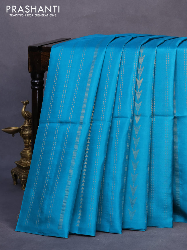 Pure soft silk saree teal blue and grey with allover zari weaves in borderless style - borderless style