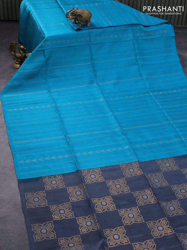 Pure soft silk saree teal blue and grey with allover zari weaves in borderless style - borderless style