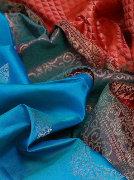 Pure soft silk saree light blue and pink with allover zari weaves in borderless style - borderless style