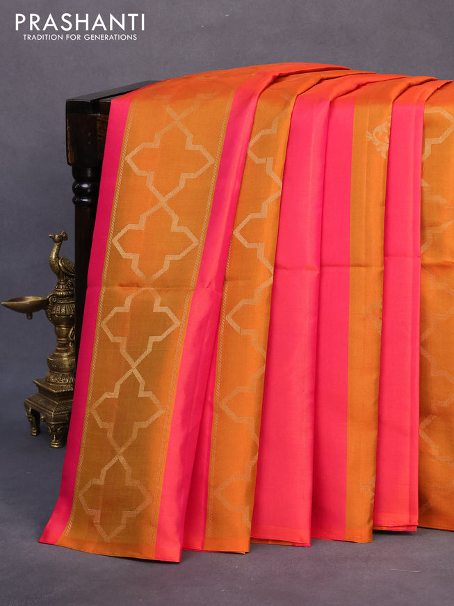 Pure soft silk saree pink and lime green with allover zari weaves in borderless style - borderless style