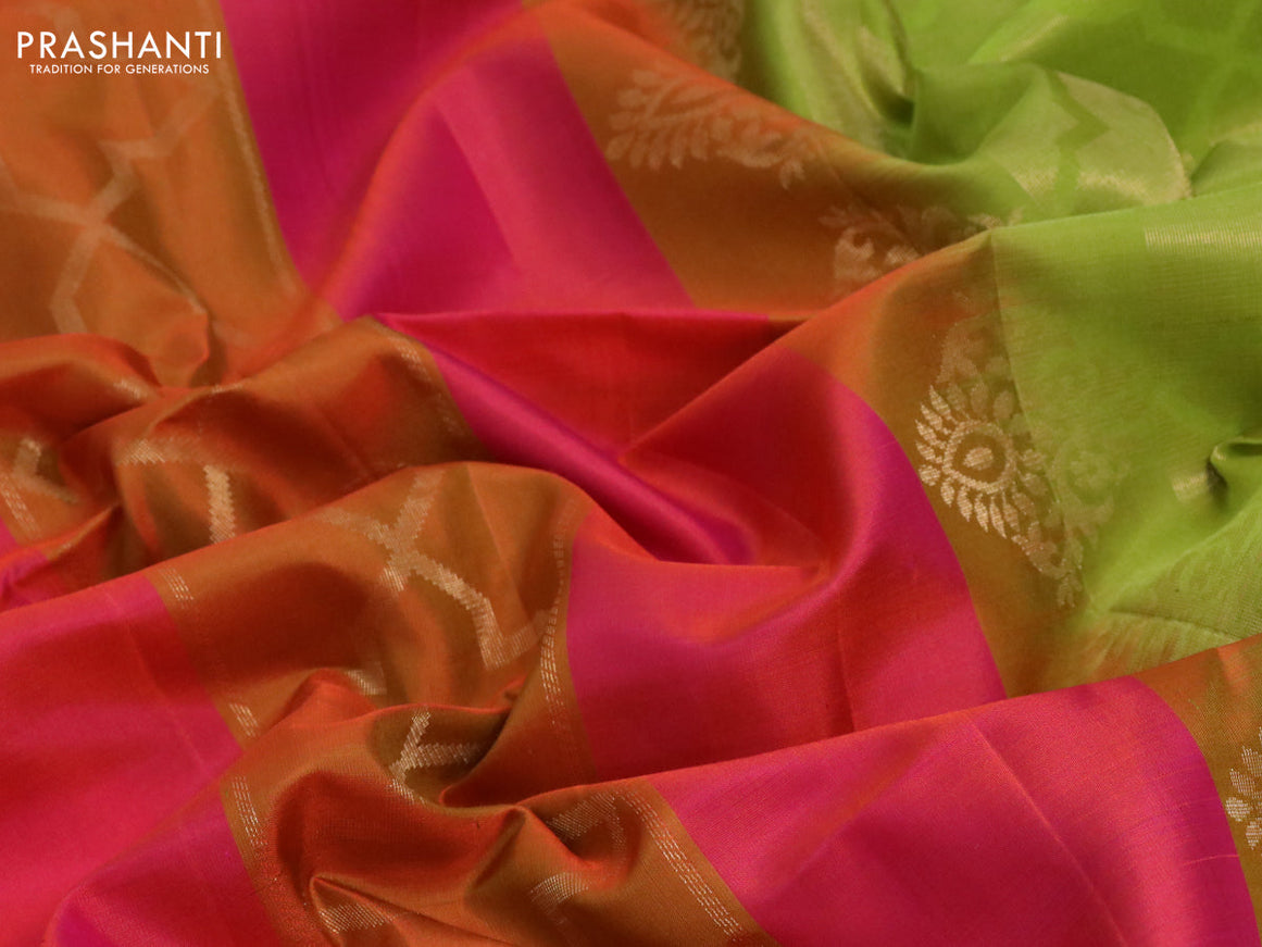 Pure soft silk saree pink and lime green with allover zari weaves in borderless style - borderless style