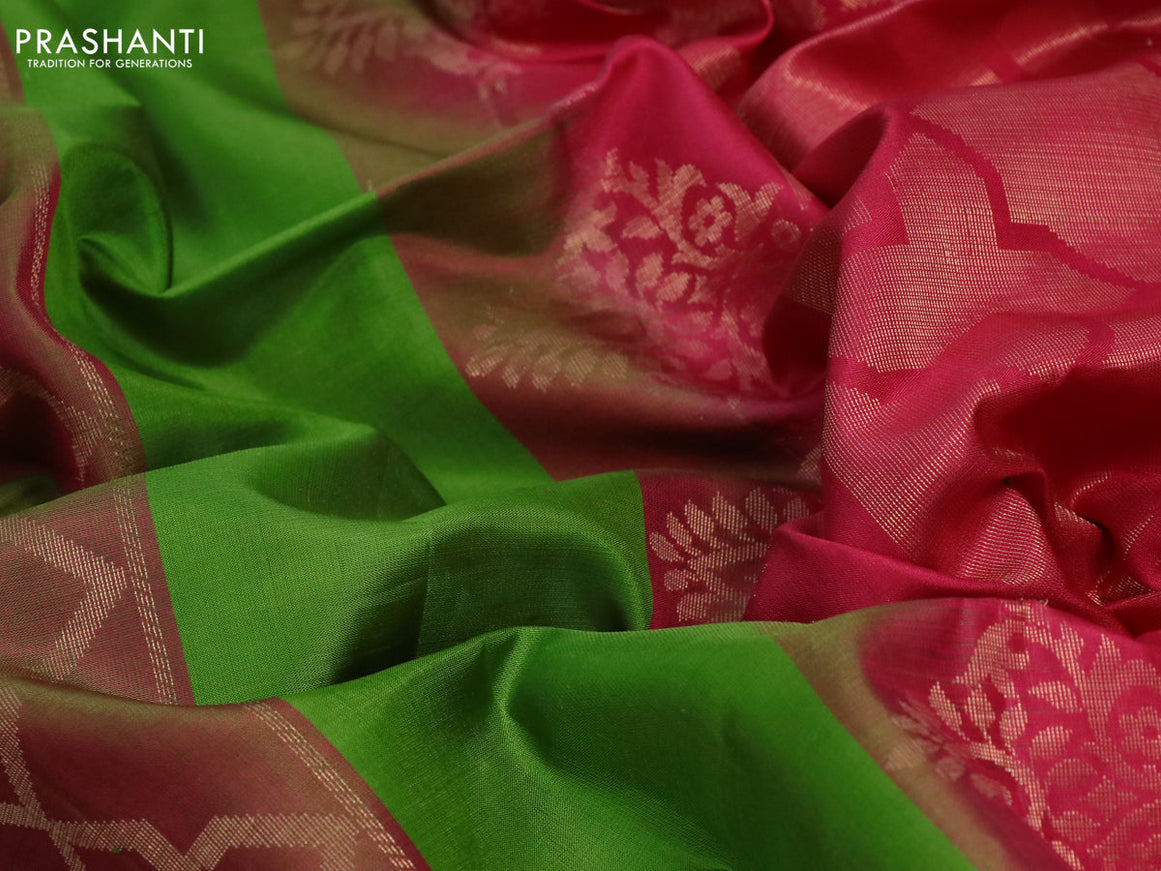 Pure soft silk saree light green and pink shade with allover zari weaves in borderless style - borderless style