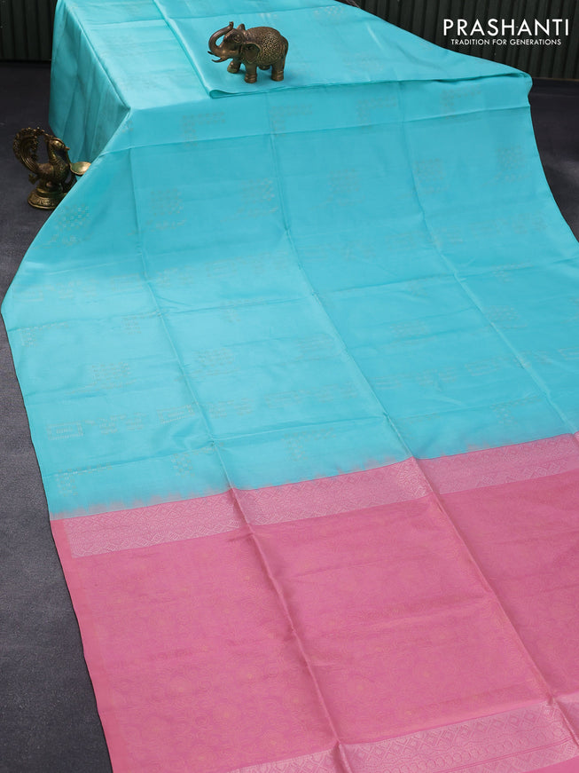 Pure soft silk saree light blue and light pink with allover silver & gold zari weaves in borderless style - borderless style