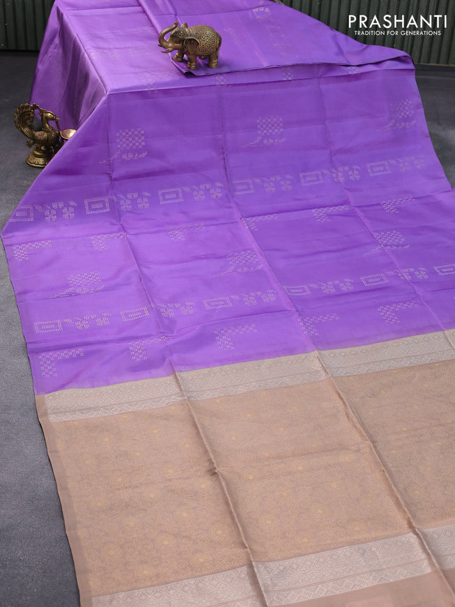Pure soft silk saree lavender shade and brown with allover silver & gold zari weaves in borderless style - borderless style