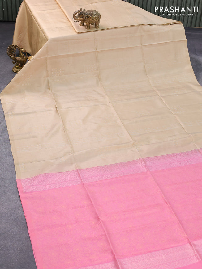 Pure soft silk saree sandal and light pink with allover silver & gold zari weaves in borderless style - borderless style
