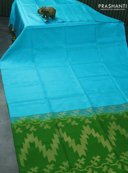 Pure soft silk saree light blue and green with allover zari woven buttas in borderless style - borderless style