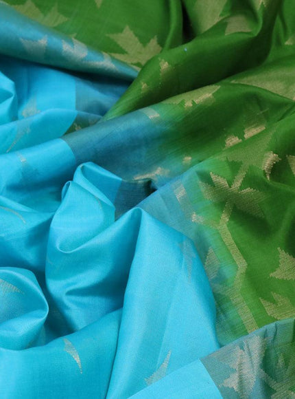 Pure soft silk saree light blue and green with allover zari woven buttas in borderless style - borderless style