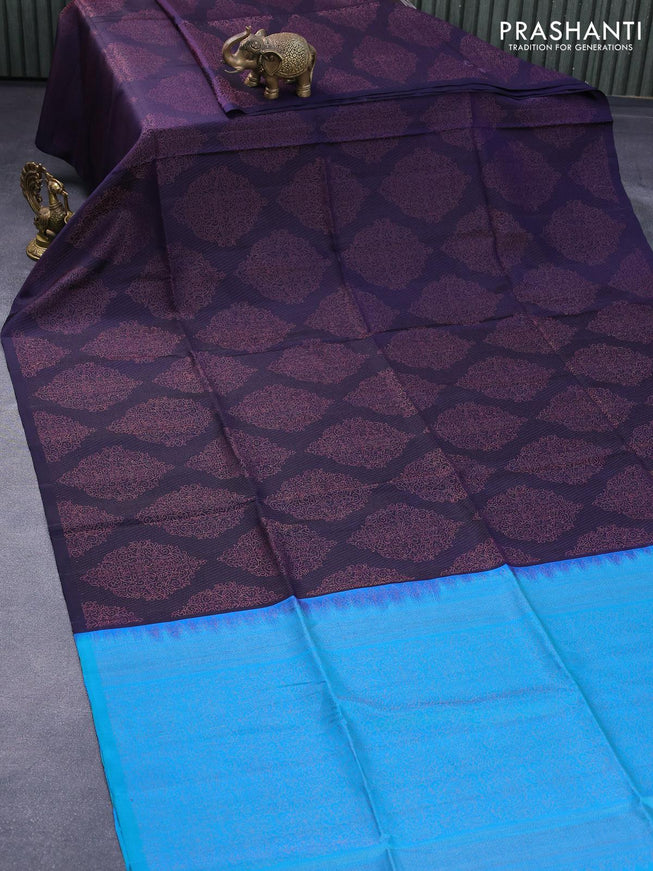 Pure soft silk saree deep jamun shade and teal blue with allover thread weaves in borderless style - borderless style