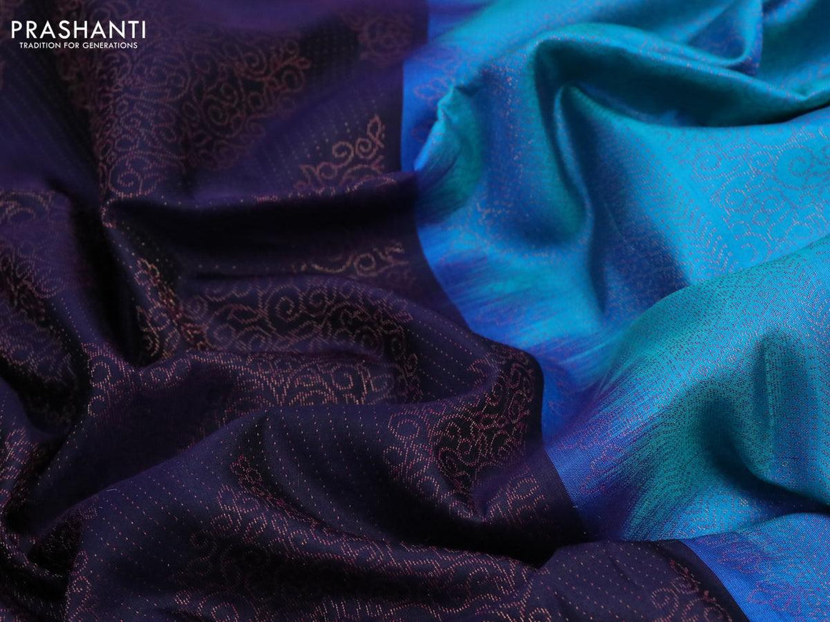 Pure soft silk saree deep jamun shade and teal blue with allover thread weaves in borderless style - borderless style