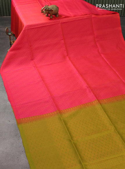 Pure soft silk saree dual shade of pinkish orange and mehendi green with allover copper zari brocade weaves in borderless style - borderless style