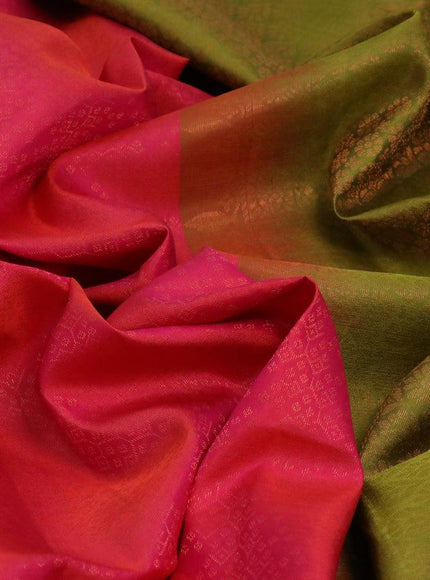 Pure soft silk saree dual shade of pinkish orange and mehendi green with allover copper zari brocade weaves in borderless style - borderless style