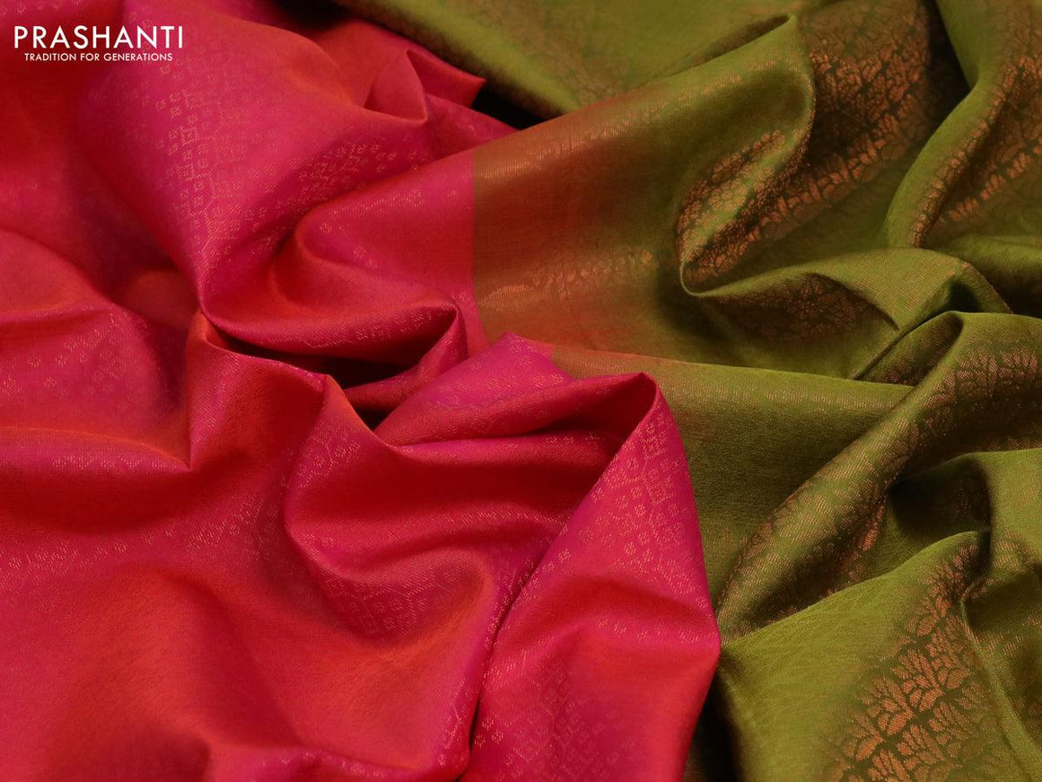 Pure soft silk saree dual shade of pinkish orange and mehendi green with allover copper zari brocade weaves in borderless style - borderless style