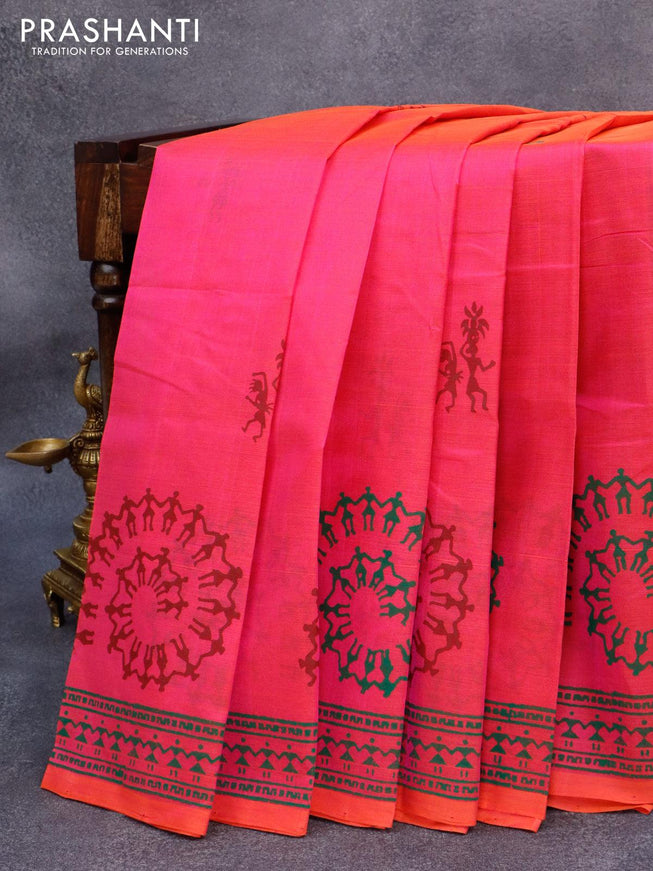 Silk cotton block printed saree dual shade of pinkish orange with warli butta prints and printed border