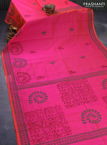 Silk cotton block printed saree dual shade of pinkish orange with warli butta prints and printed border