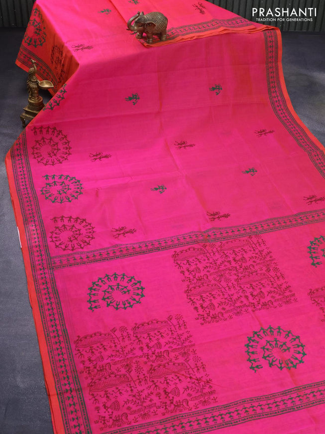 Silk cotton block printed saree dual shade of pinkish orange with warli butta prints and printed border