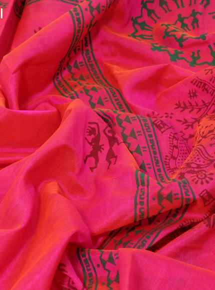 Silk cotton block printed saree dual shade of pinkish orange with warli butta prints and printed border