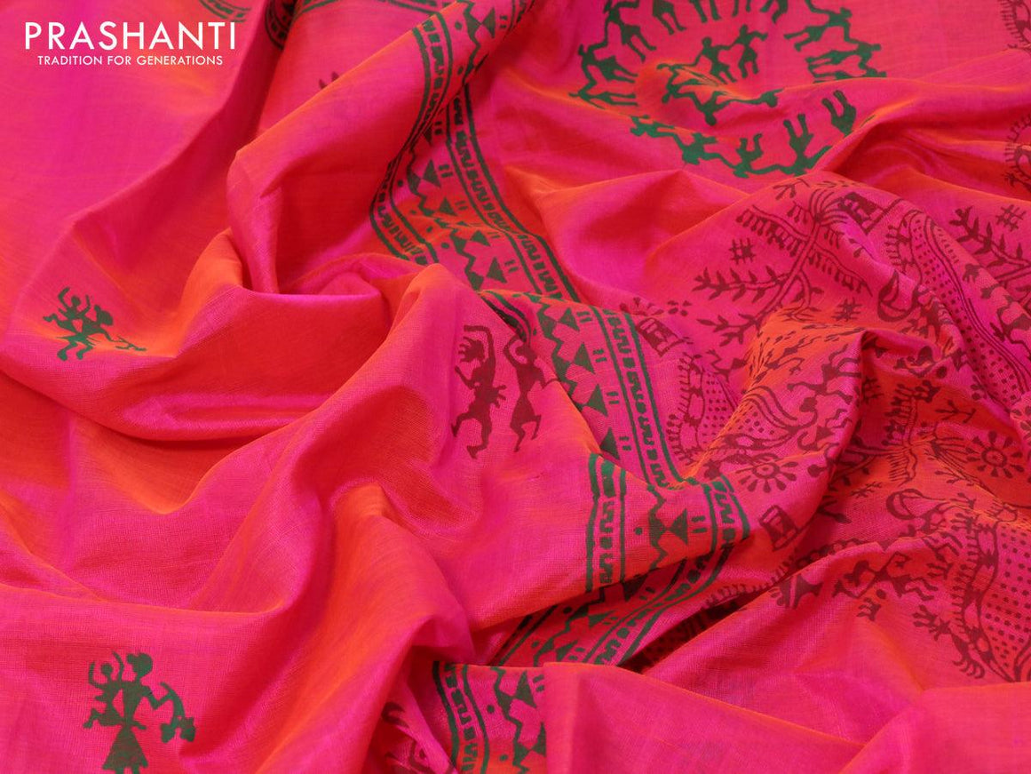 Silk cotton block printed saree dual shade of pinkish orange with warli butta prints and printed border