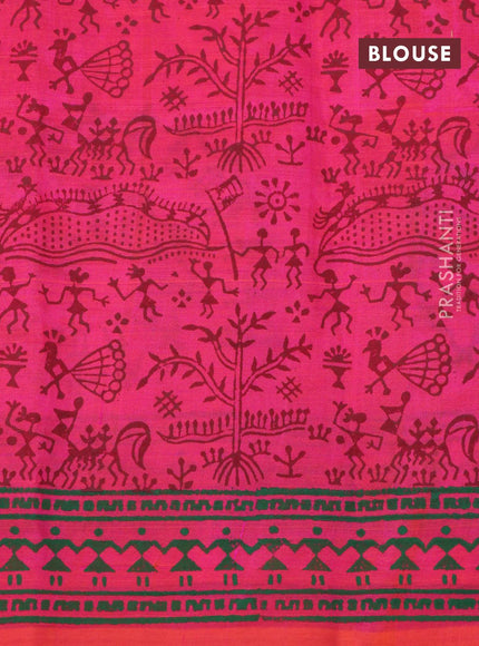 Silk cotton block printed saree dual shade of pinkish orange with warli butta prints and printed border