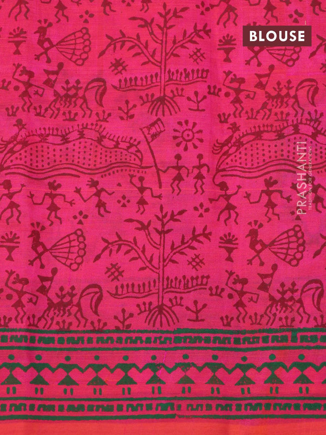 Silk cotton block printed saree dual shade of pinkish orange with warli butta prints and printed border